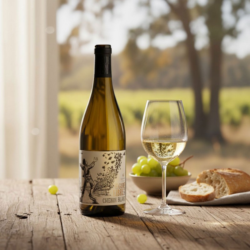 Vin blanc dans un cadre champêtre et ensoleillé de la marque "Le Coquin", produit par Anne de Joyeuse.On y voit un petit dessin de coq, la mention "Vin de France". Deux verres à vin à pied, vides et étincelants, prêts pour le service. À leur base repose une petite grappe de raisins blancs avec quelques feuilles de vigne vertes.Un seau à glace transparent, rempli de glaçons, soulignant que ce vin se déguste bien frais.Un tire-bouchon en bois et son bouchon de liège sont posés sur la table.