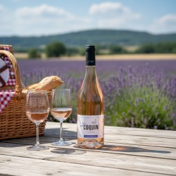 vin rosé nommée "Le Coquin". "Vin de France" et le nom du producteur "Anne de Joyeuse".Deux verres à pied, partiellement remplis de ce même rosé, sont disposés à côté de la bouteille, suggérant un moment de partage .Un panier de pique-nique en osier est ouvert. On aperçoit à l'intérieur une baguette de pain croustillante.La table est placée juste devant un immense champ de lavande en fleurs, créant une nappe de couleur violette qui s'étend vers l'horizon.