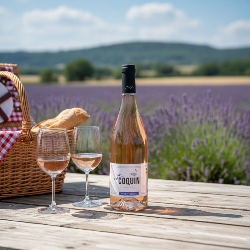 vin rosé nommée "Le Coquin". "Vin de France" et le nom du producteur "Anne de Joyeuse".Deux verres à pied, partiellement remplis de ce même rosé, sont disposés à côté de la bouteille, suggérant un moment de partage .Un panier de pique-nique en osier est ouvert. On aperçoit à l'intérieur une baguette de pain croustillante.La table est placée juste devant un immense champ de lavande en fleurs, créant une nappe de couleur violette qui s'étend vers l'horizon.